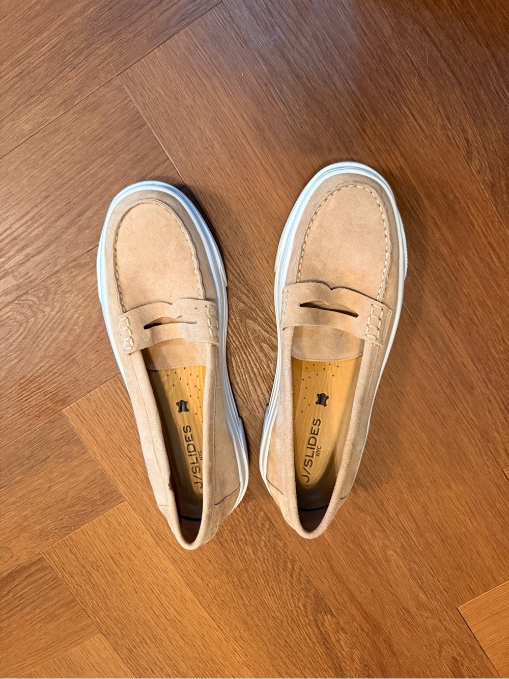 J/Slides NYC Suede Penny Loafers Platform Slip On Shoes Beige Women’s 10